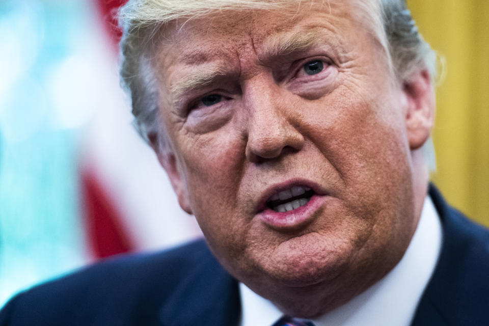 WASHINGTON, DC - JULY 1 : President Donald J. Trump speaks during a signing ceremony for H.R.3401 - Emergency Supplemental Appropriations for Humanitarian Assistance and Security at the Southern Border Act, 2019 in the Oval Office at the White House on Monday, July 12, 2019 in Washington, DC. (Photo by Jabin Botsford/The Washington Post via Getty Images)