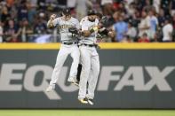 Aug 31, 2018; Atlanta, GA, USA; Pittsburgh Pirates left fielder Corey Dickerson (12) and right fielder Gregory Polanco (25) and center fielder Starling Marte (6) celebrate a victory against the Atlanta Braves at SunTrust Park. Mandatory Credit: Brett Davis-USA TODAY Sports