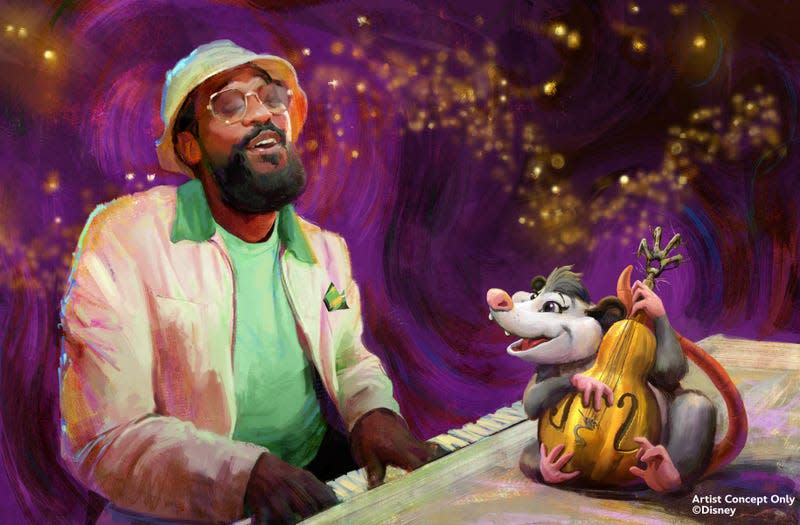 PJ Morton and musician critter character Tiana's Bayou Adventure