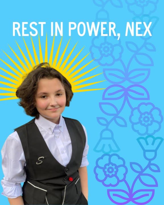 A photo of Nex Benedict from the Mowery Funeral Service Website on a blue background, with yellow beams shining behind them. Text “Rest in Power, Nex” with a Cherokee rose motif on the right side of the image.
