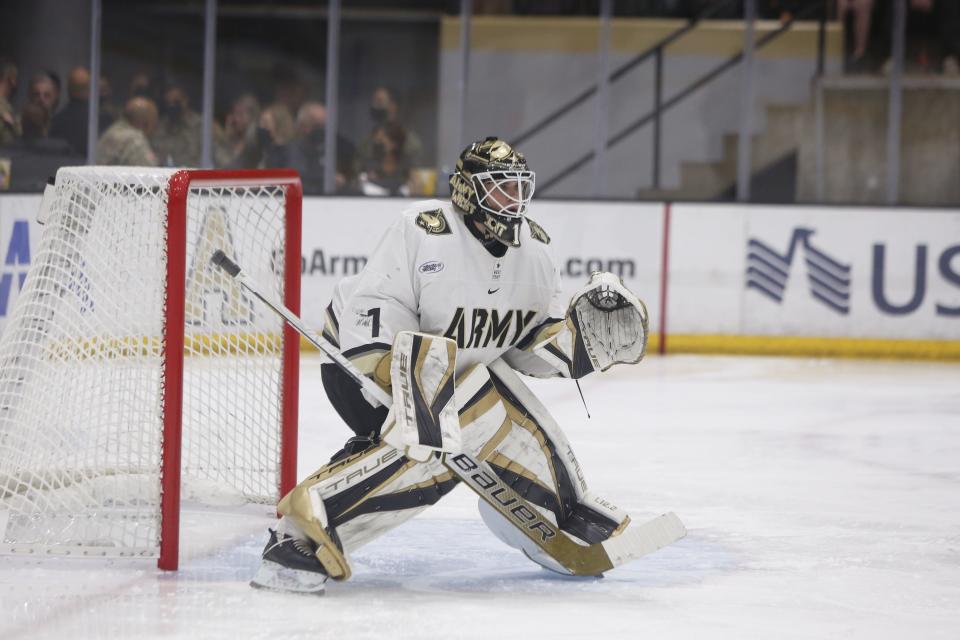 Army sophomore netminder Gavin Abric ranks among the national leaders in goals-against average and save percentage. ARMY ATHLETICS