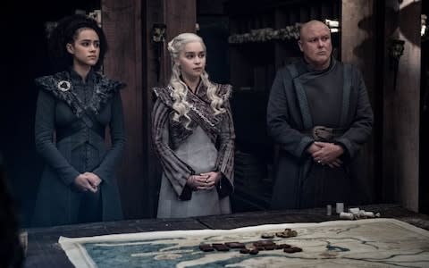 Missandei, Daenerys and Varys prepare for war - Credit: HBO