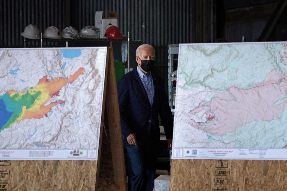 President Biden arrives to speak about wildfires and climate change at Sacramento Mather Airport in Mather, California on September 13, 2021. (Photo by Brendan Smialowski/AFP)