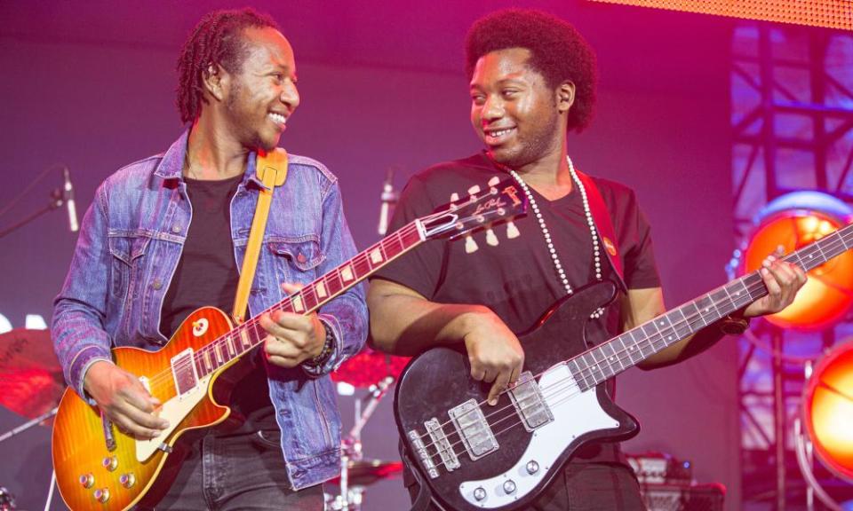 The Peterson Brothers perform at the Gibson Guitars booth at Anaheim Convention Center in California in January 2020.