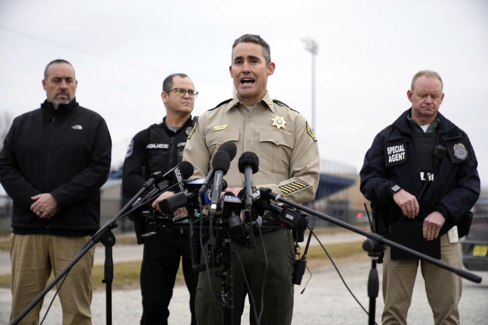 Dallas County (Iowa) Sheriff Adam Infante speaks outside Perry High School in Perry, Iowa., Thursday, Jan. 4, 2024, after a shooting at the city's high school. (AP Photo/Andrew Harnik)