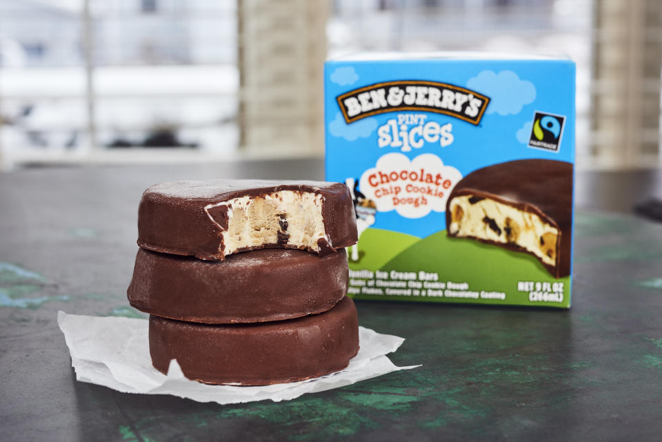 <strong>Ingredients:&nbsp;</strong>Vanilla ice cream bars covered in a dark chocolatey coating, chocolate chip cookie dough, fudge flakes.<br /><br />"My favorite Ben &amp; Jerry's flavor is Chocolate Chip Cookie Dough, and this makes it much easier to eat. With a pint slice I can take my ice cream on the go and not have to worry about if I am going to finish the whole pint at once. Whether I am on the move or just at home feeding my baby, I can still enjoy some ice cream. Plus no messy spoons to clean!" --&nbsp;<i>Sam Baird, level III production operator</i>