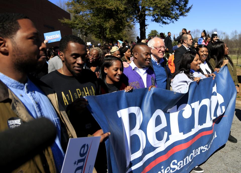 Sen. Bernie Sanders of Vermont, a Democratic presidential candidate, marches with supporters to early vote on February 27, 2020 at Winston-Salem State University in Winston-Salem, North Carolina. Sanders continues to seek support for the Democratic nomination ahead of Super Tuesday.