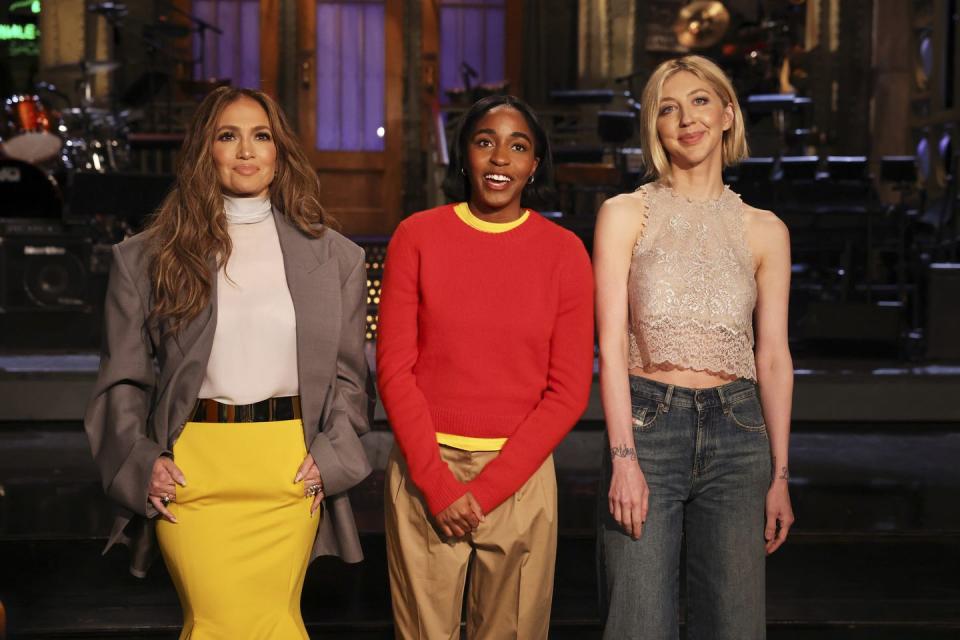 saturday night live episode 1855 pictured musical guest jennifer lopez, host ayo edebiri, and heidi gardner during promos in studio 8h on friday, february 2, 2024 photo by will heathnbc via getty images