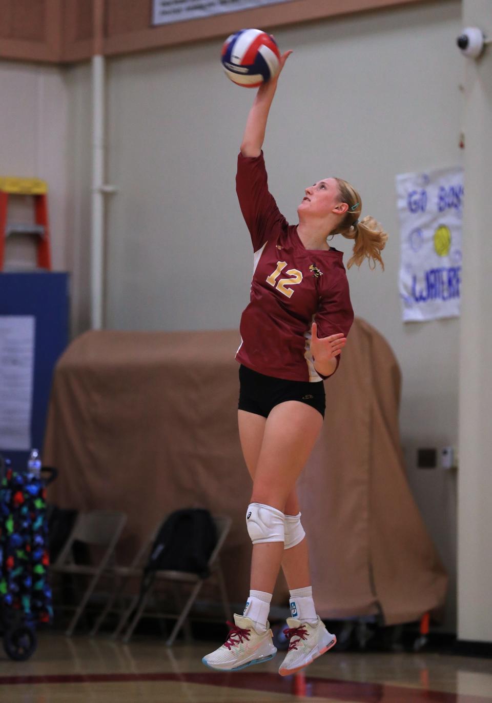 Oxnard's Anika Huelskamp hammers her serve during a match against Royal on Saturday, Sept. 24, 2022, at Oxnard High.