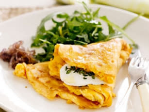 <p>Eggs are a great breakfast choice; this recipe for two is full of protein and has a healthy dose of calcium. <br><br><b>Ingredients</b><br>1 red onion<br>1 tbs butter<br>2 tbs sugar<br>4 eggs<br>40g goats cheese<br>2 handfuls rocket<br>olive oil<br>1 tbs lemon zest<br><br><b>Method</b><br>Fry the red onion with butter until lightly browned. Add sugar and cook till it's sticky like a jam. Remove from frypan.<br>Whisk eggs lightly and pour onto saucepan. Add cheese and onions when egg underside is firming.<br>Cook the flipside and remove. Serve hot. Drizzle rocket with olive oil and sprinkle lemon zest on top.<br>Enjoy!</p>