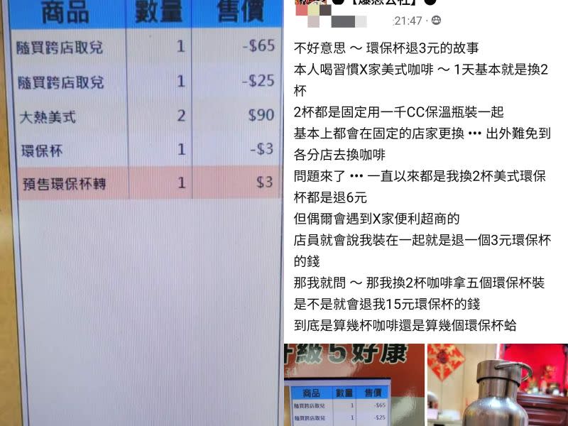 ▲有常客「自備環保杯」卻因此吃虧，詳細過程曝光也引發共鳴。（圖／翻攝《爆怨公社》）