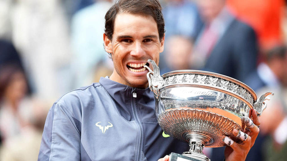 Rafael Nadal celebrates with the trophy. (Photo by Mustafa Yalcin/Anadolu Agency/Getty Images)