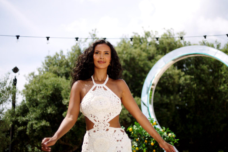 maya jama wears a white crochet dress for love island series 10 launch episode