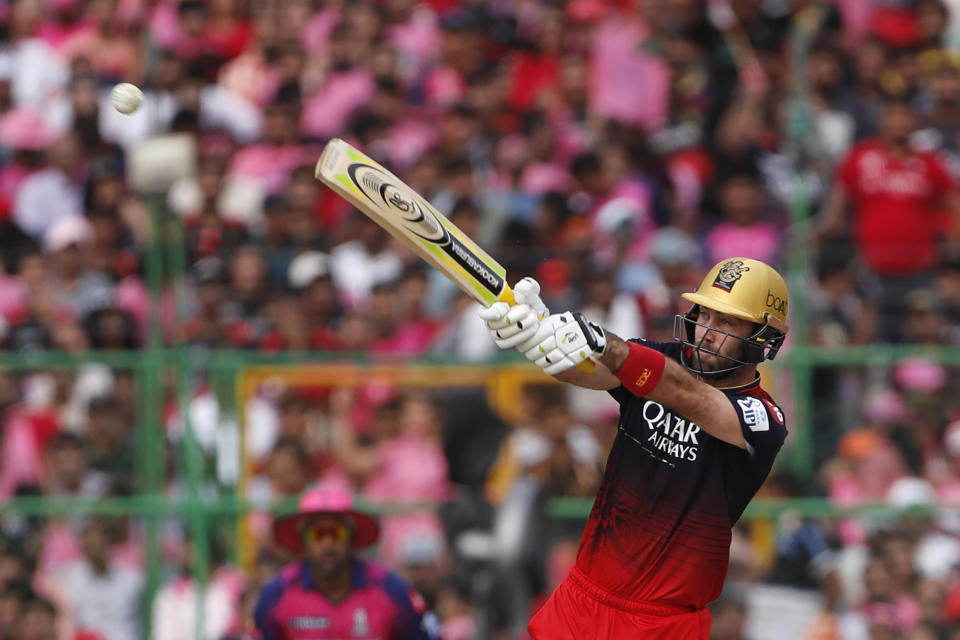 Royal Challengers Bangalore's Glenn Maxwell plays a shot during the Indian Premier League cricket match between Rajasthan Royals and Royal Challengers Bangalore in Jaipur, India, Sunday, May 14, 2023. (AP Photo/Surjeet Yadav)