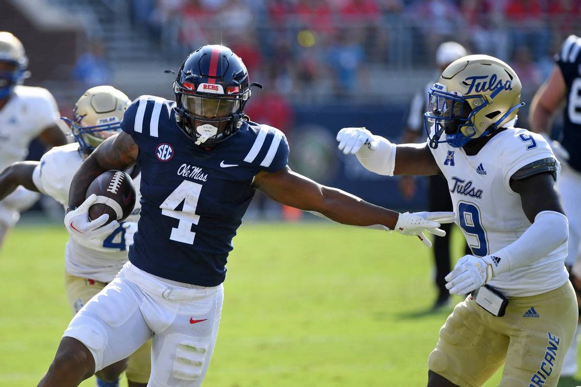 Mississippi running back Quinshon Judkins (4), a true freshman, ran for 140 yards and two touchdowns in the Rebels’ 35-27 win over Tulsa last week.