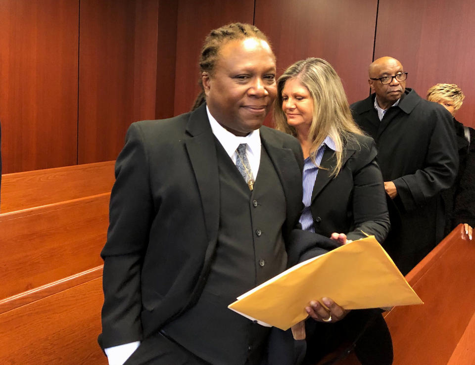 Aretha Franklin's son Ted White leaves a courtroom in Pontiac, Mich., Tuesday, March 3, 2020. A judge accepted the resignation of Sabrina Owens, Franklin's niece, as personal representative, or executor, of the late singer's estate but declined to appoint White as an interim replacement. (AP Photo/Ed White)