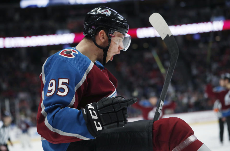 Colorado Avalanche left wing Andre Burakovsky reacts after scoring a goal against the Washington Capitals in the first period of an NHL hockey game Thursday, Feb. 13, 2020, in Denver. (AP Photo/David Zalubowski)