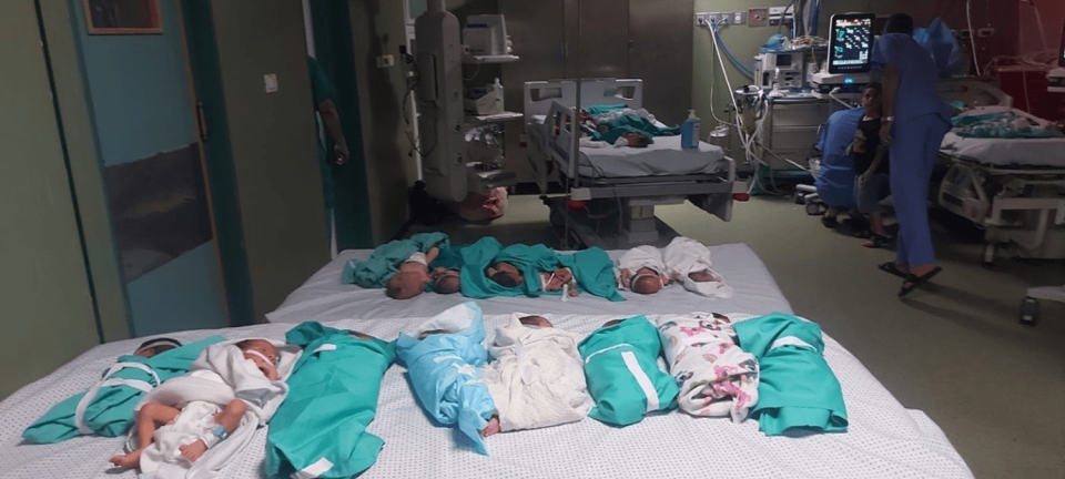 Babies wrapped in blankets in a photo taken by Dr. Marwan Abusada, a surgeon at Al-Shifa Hospital in Gaza City.
 (Courtesy Mads Gilbert)