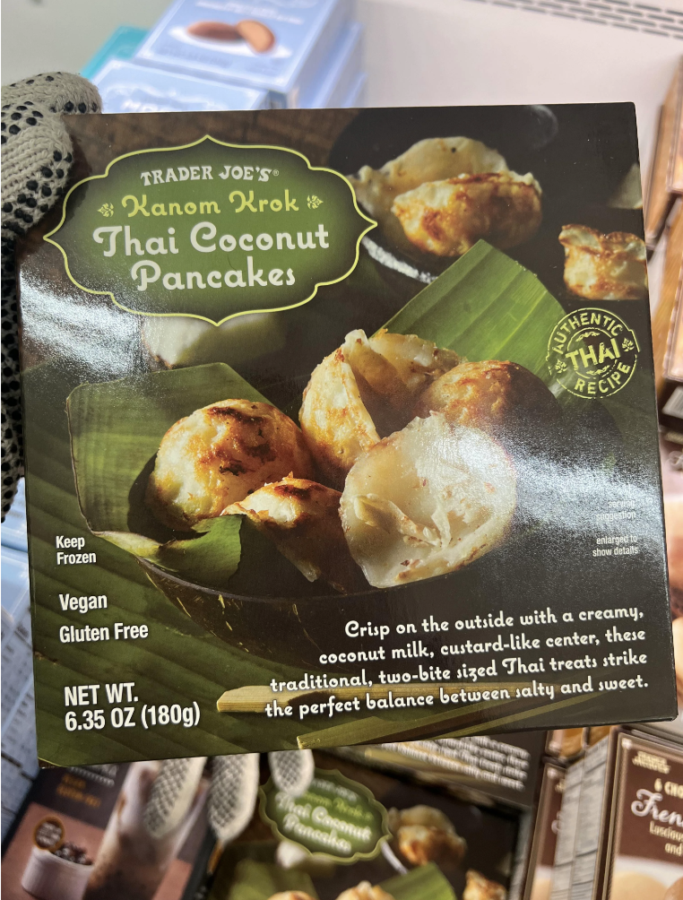 Trader Joe's packaging for Khao Nom Krook Thai Coconut Pancakes highlighting vegan, gluten-free features with a serving suggestion image