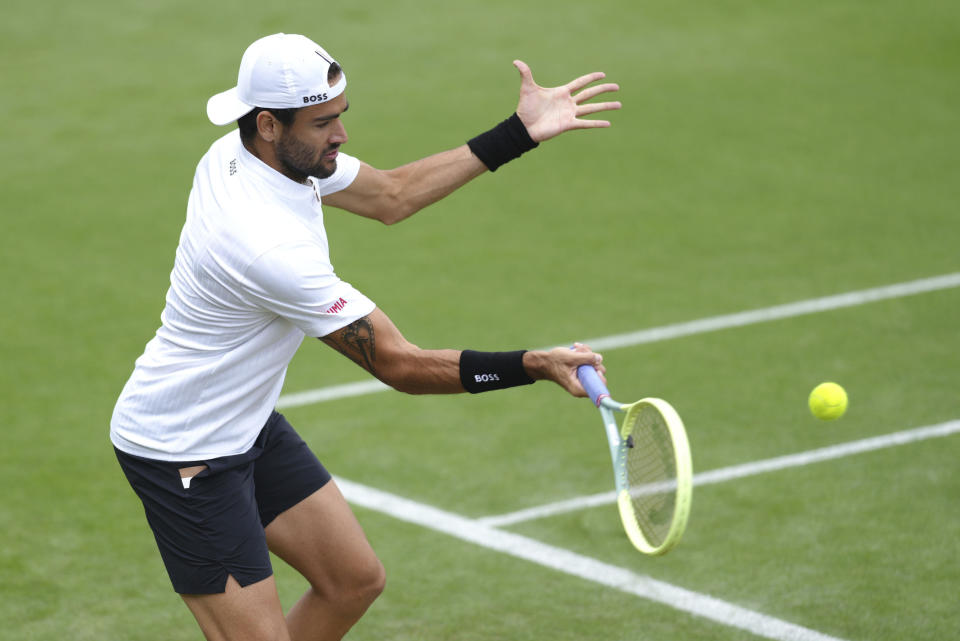 Italy's Matteo Berrettini practices at the All England Lawn Tennis and Croquet Club in Wimbledon, London, Britain, ahead of the championships starting tomorrow, on Sunday, July 2, 2023. (John Walton/PA via AP)