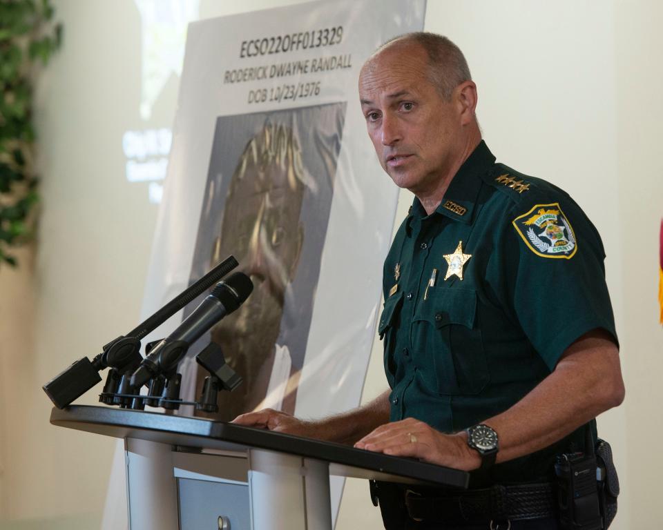 Escambia County Sheriff Chip Simmons speaks at a press conference Monday about the arrest of Roderick Dwayne Randall. The 45-year-old was arrested after his 8-year-old son found his gun and accidentally shot and killed a 1-year-old and injured a 2-year-old, according to authorities.