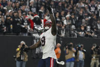 New England Patriots linebacker Ja'Whaun Bentley celebrates after sacking Las Vegas Raiders quarterback Derek Carr during the second half of an NFL football game between the New England Patriots and Las Vegas Raiders, Sunday, Dec. 18, 2022, in Las Vegas. (AP Photo/David Becker)