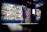 First lady Jill Biden arrives for a virtual event with military families from around the world as part of the White House initiative to support military and veteran families in the South Court Auditorium in the Eisenhower Executive Office Building on the White House Campus, Wednesday, April 7, 2021, in Washington. (AP Photo/Andrew Harnik)