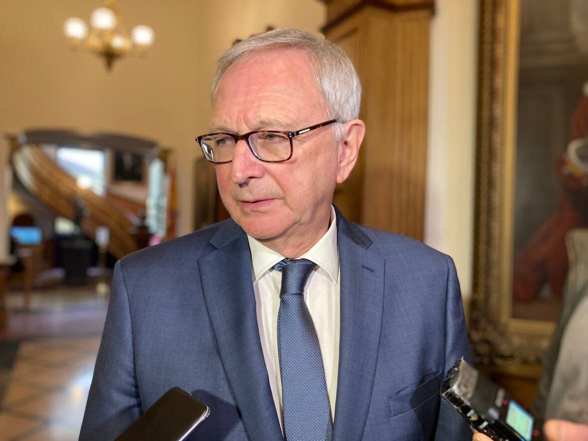 Premier Blaine Higgs told reporters the proposed secretariat would be able to recommend updates to the Official Languages Act at any time, rather than when the mandatory 10-year review is due. (Jacques Poitras/CBC - image credit)