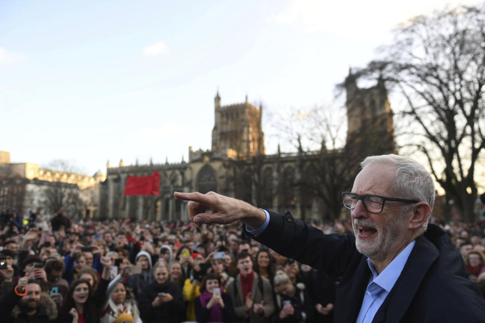 Labour Party leader Jeremy Corbyn speaks at a rally outside Bristol City Council while on the General Election campaign trail, in Bristol, England, Monday, Dec. 9, 2019. Britain goes to the polls on Dec. 12. (joe Giddens/PA via AP)
