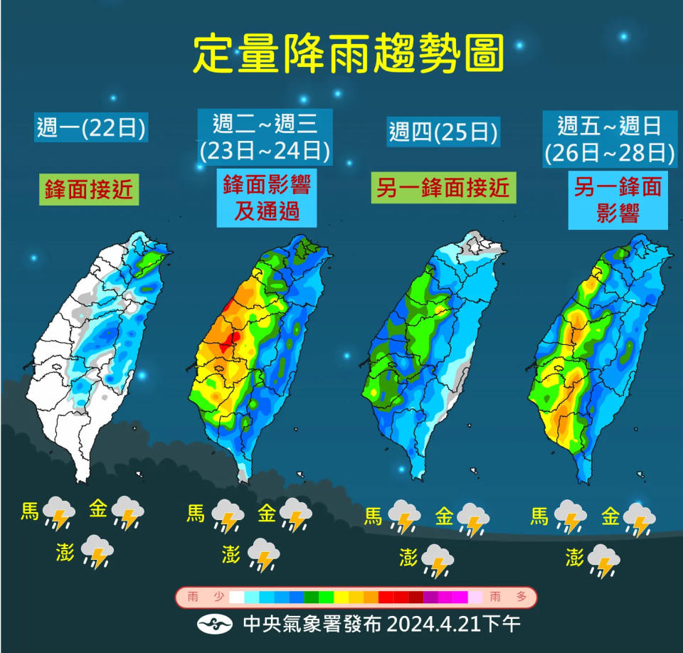 <strong>未來一週2波鋒面靠近，全台都有降雨機會。（圖／中央氣象署提供）</strong>