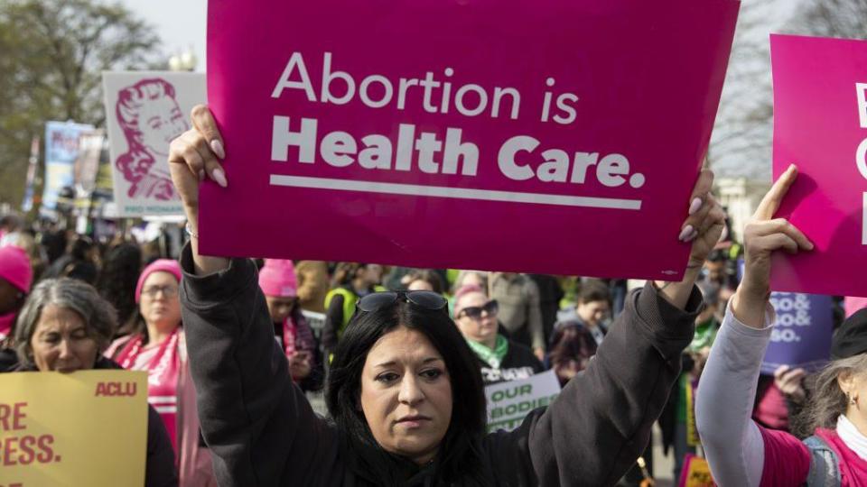 People gather to rally on broad access to the abortion pill outside the U.S. Supreme Court as justices hear oral arguments in a bid by President Joe Biden's administration to preserve broad access to abortion pill in Washington DC, United States on March 26, 2024.