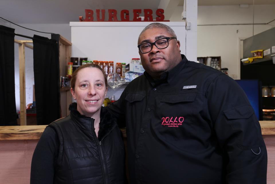 Troy King, right, and his wife Selena Johnson are owners of the Six Forks Burger Co. in Louisville, Ky. on Jan. 11, 2021.  