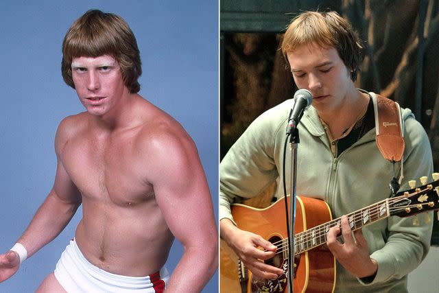 <p>Courtesy Pro Wrestling Illustrated; A24</p> Stanley Simons as Mike Von Erich