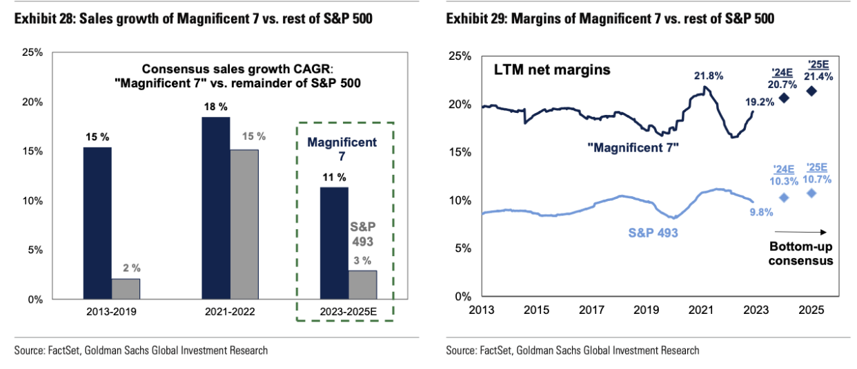Two graphs from Goldman Sachs highlight why the Magnificent 7 tech stocks have outperformed the rest of the benchmark index.