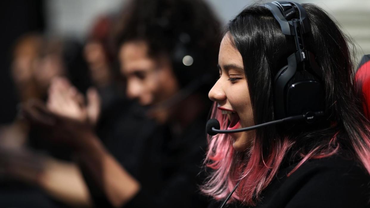 Members of Team Innova react during action on Day Two of the Girl Gamer Esports Festival at Meydan Racecourse in Dubai. (Photo: Christopher Pike/Getty Images)