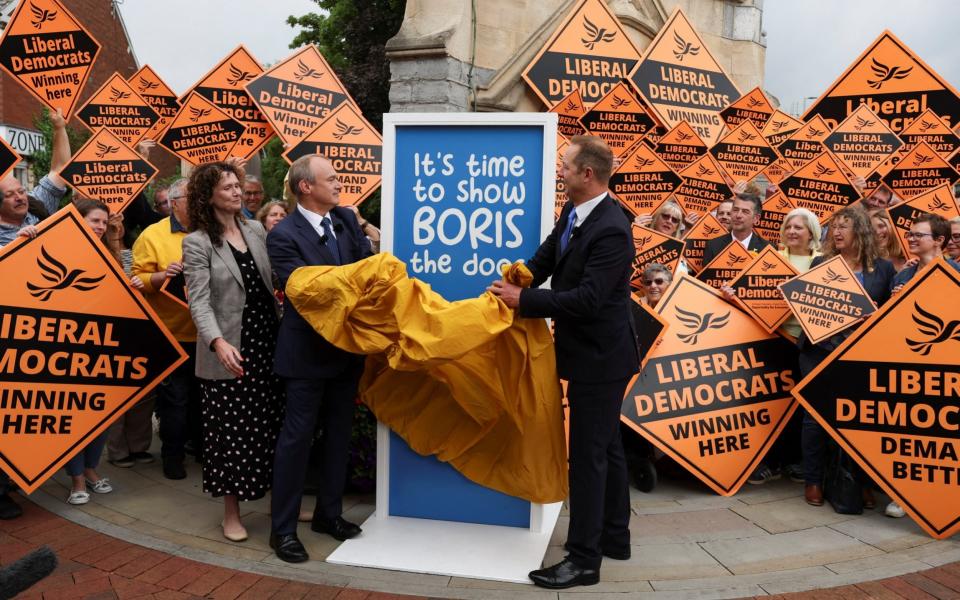 Sir Ed Davey said it is "time to show Boris the door" as he attended a victory rally in Tiverton and Honiton this morning - Paul Childs/Reuters