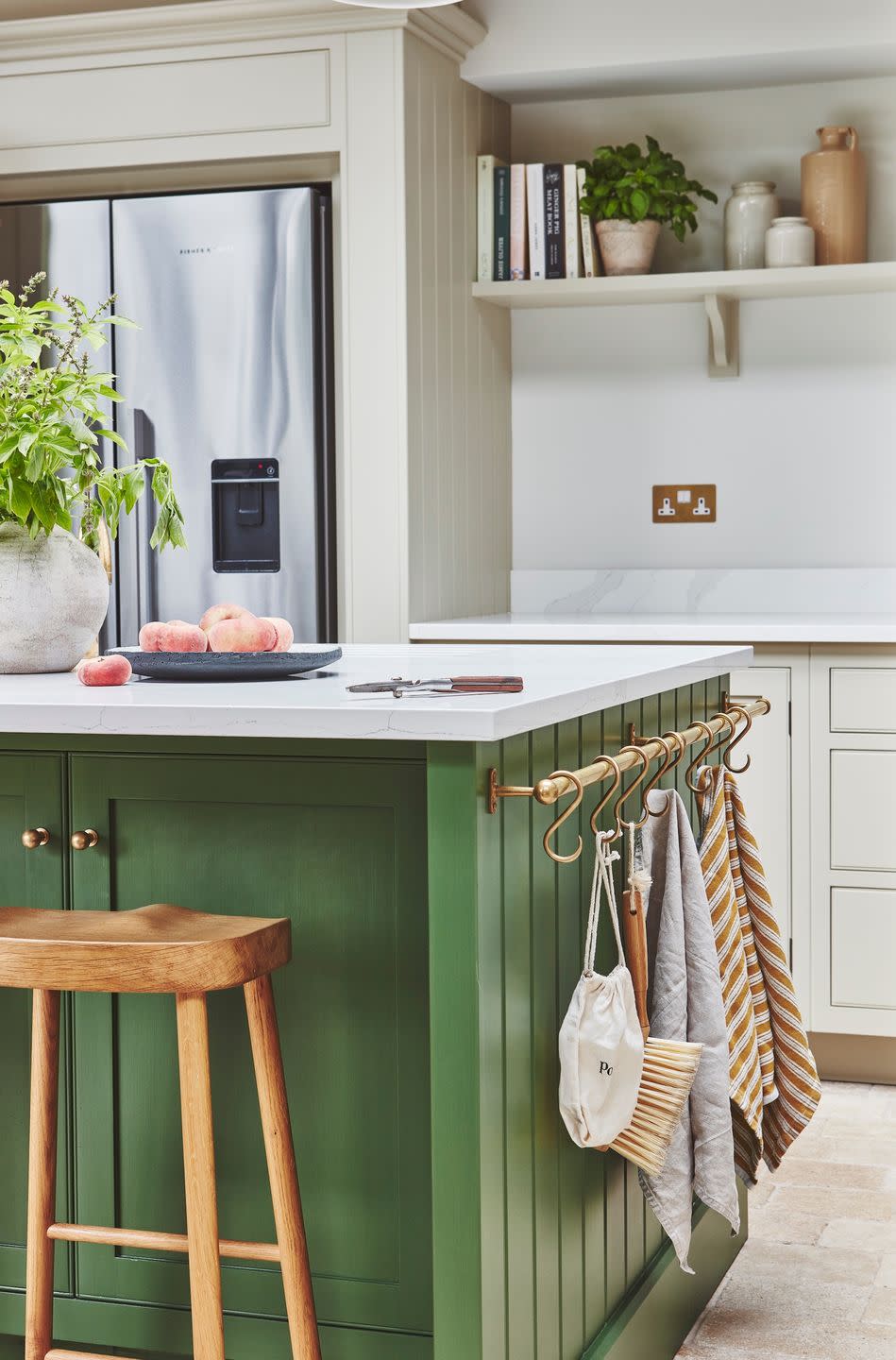 a kitchen with a green countertop