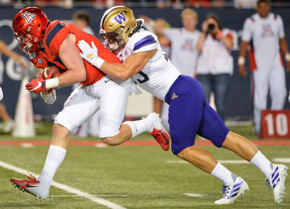 Oct 12, 2019; Tucson, AZ, USA; Arizona Wildcats tight end Bryce Wolma (81) runs the ball as Washington Huskies linebacker Jackson Sirmon (43) defends during the first half at Arizona Stadium. Mandatory Credit: Casey Sapio-USA TODAY Sports