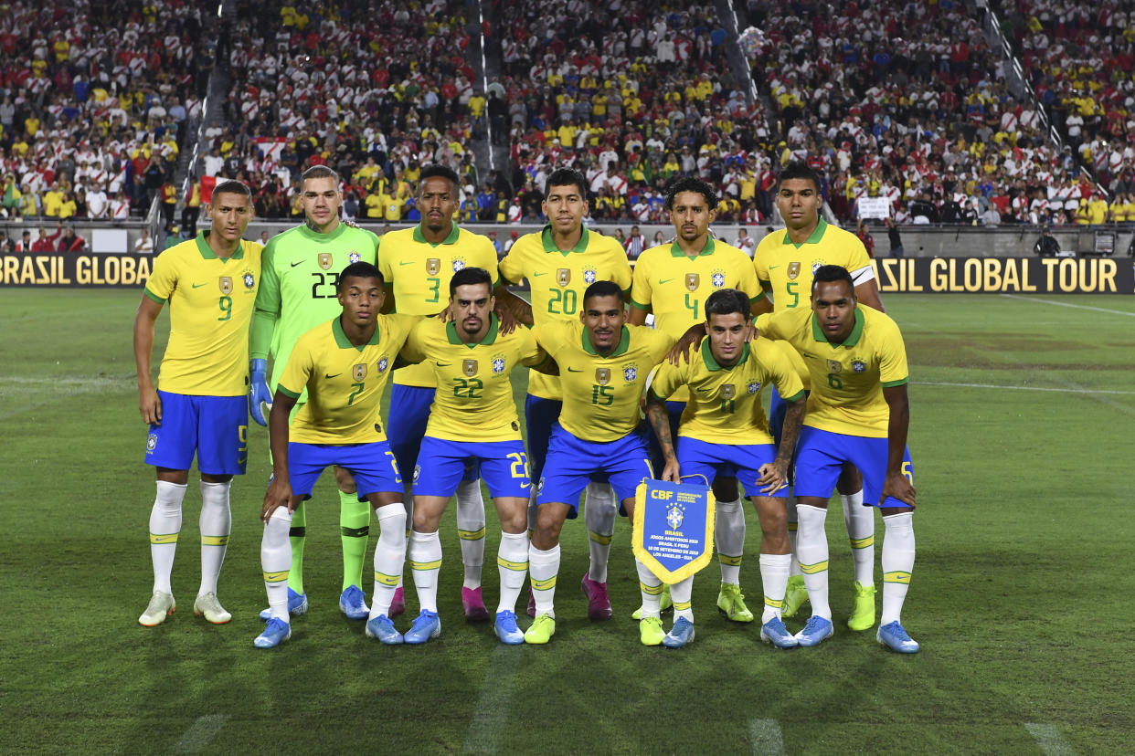 Sep 10, 2019; Los Angeles, CA, USA; The Brazil starting eleven pose for a team photo prior to the South American Showdown soccer match against Peru at Los Angeles Coliseum. Mandatory Credit: Kelvin Kuo-USA TODAY Sports