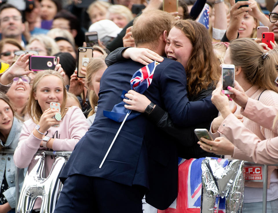 Harry hugs super fan India Brown in Melbourne (Getty)