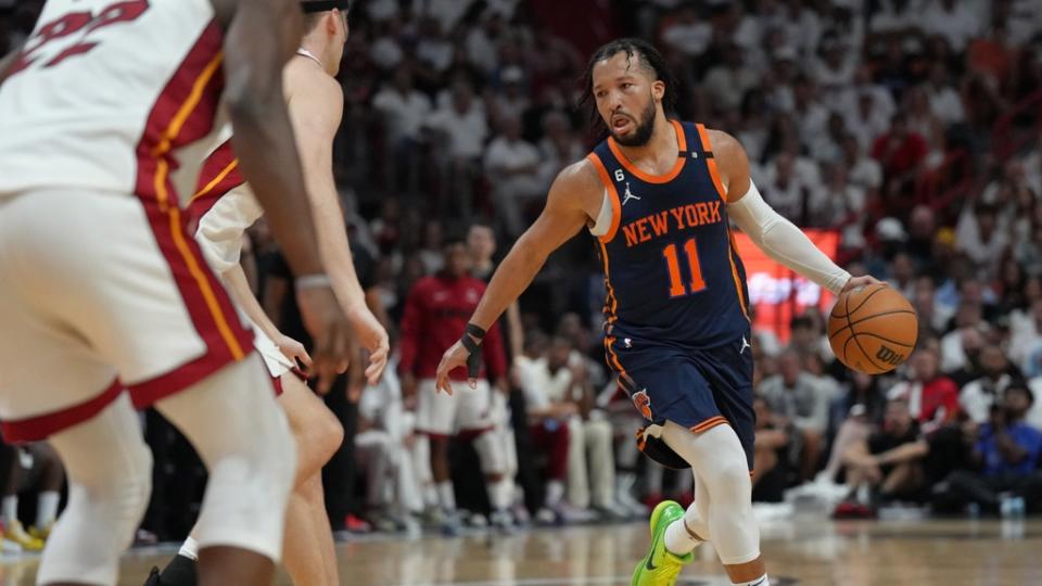 May 12, 2023; Miami, Florida, USA; New York Knicks guard Jalen Brunson (11) in the first half during game six of the 2023 NBA playoffs against the Miami Heat at Kaseya Center.