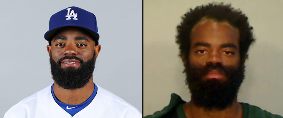 Andrew Toles in 2018 with the Dodgers and after his arrest this week in Key West, Fla. (Getty Images / Monroe County Sheriff's Office)