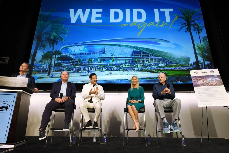 Jaguars president Mark Lamping, Jacksonville Jaguars owner Shad Khan, Jacksonville Mayor Donna Deegan, and the city of Jacksonville's chief negotiator on the stadium deal Mike Weinstein met at the Jaguars Miller Electric Center Wednesday, June 26, 2024 to address the media and team personnel about the newly approved stadium renovation deal.