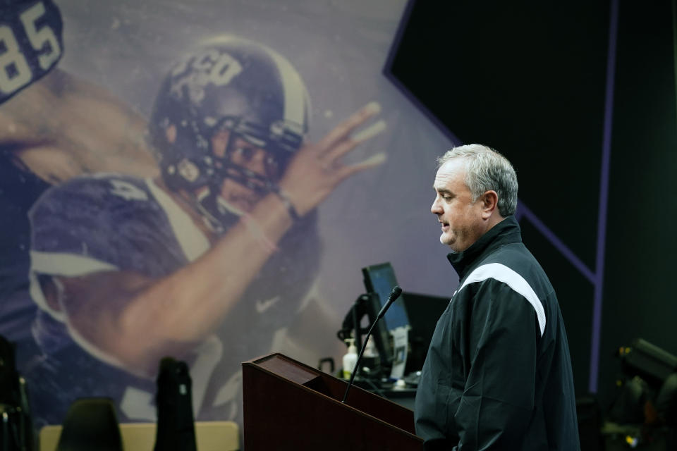 TCU head football coach Sonny Dykes speaks to reporters in Fort Worth, Texas, Tuesday, Jan. 3, 2023. TCU plays Georgia in the national championship NCAA college football game on Monday.(AP Photo/LM Otero)