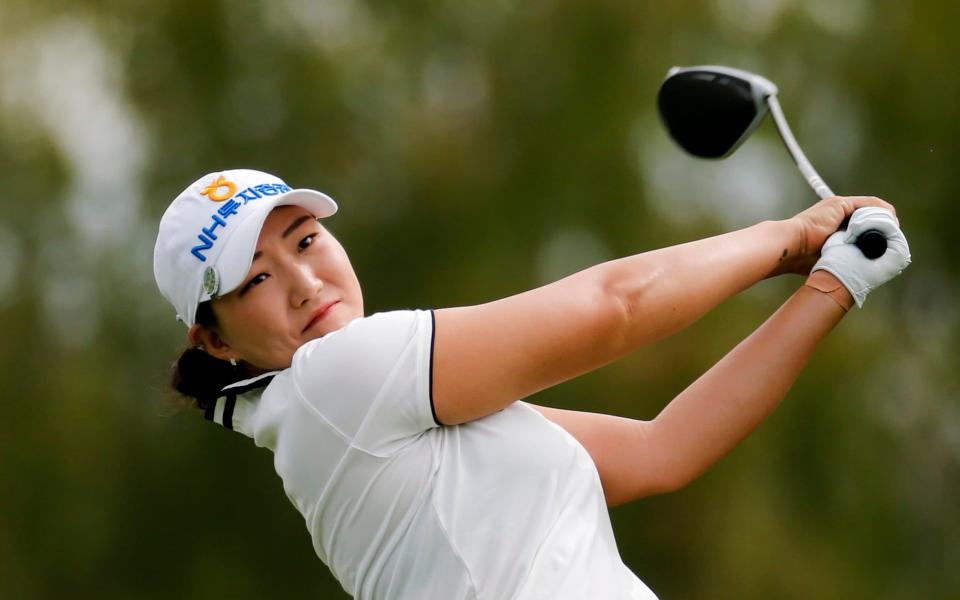 Mirim Lee watching her tee shot in the Ana Inspiration - AP PHOTO