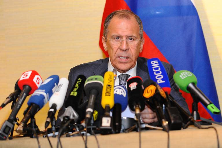 Russian Foreign Minister Sergei Lavrov speaks during a press conference in Geneva, on April 17, 2014