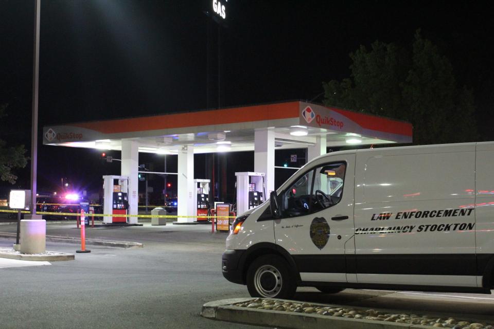 The Quik Stop gas station on Hammer Lane is blocked off after an officer-involved shooting that occurred shortly before 8 p.m. on Sunday, June 4, 2023.