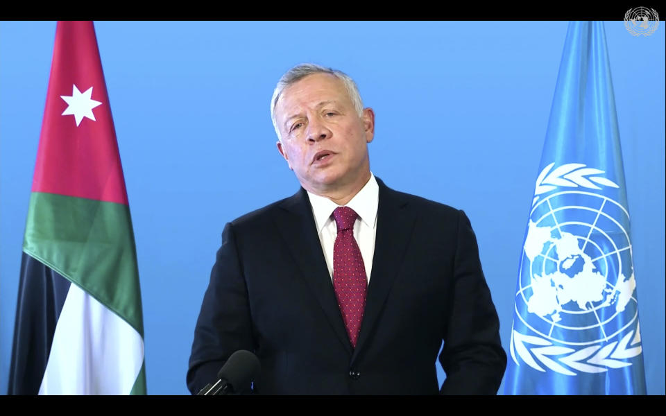 In this photo taken from video, King Abdullah II of Jordan, speaks remotely addresses the 76th session of the United Nations General Assembly in a pre-recorded message, Wednesday, Sept. 22, 2021, at UN headquarters. (UN Web TV via AP)