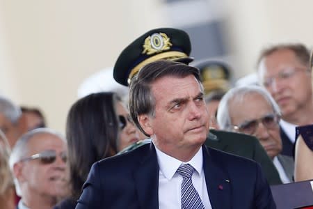 Brazil's President Jair Bolsonaro looks on during a Soldier's Day ceremony, in Brasilia