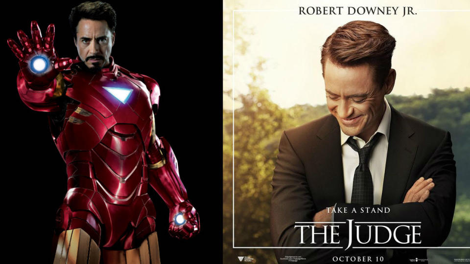 Robert Downey Jr. as Iron Man (L) and in The Judge